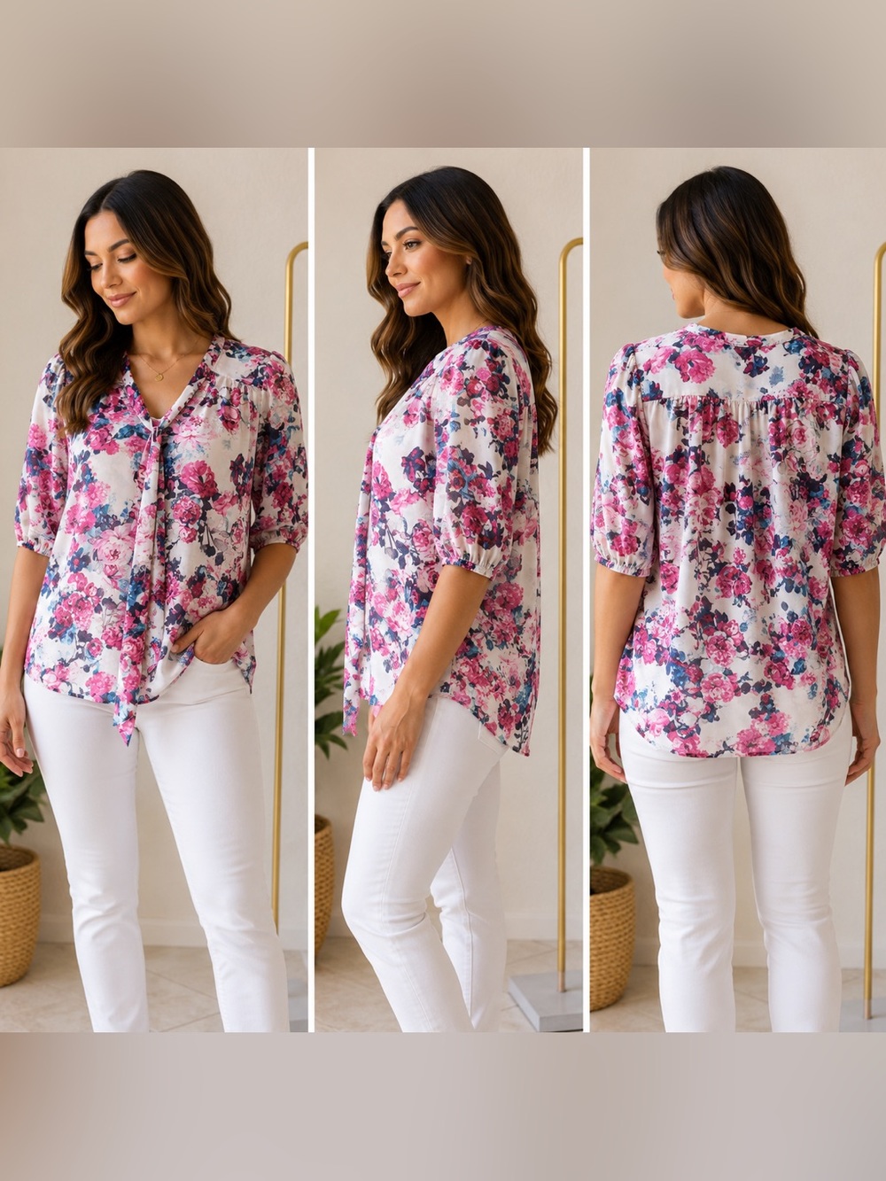 Beach Floral Tie Neck Blouse | XS | Romantic Sheer 3/4 Sleeve Top